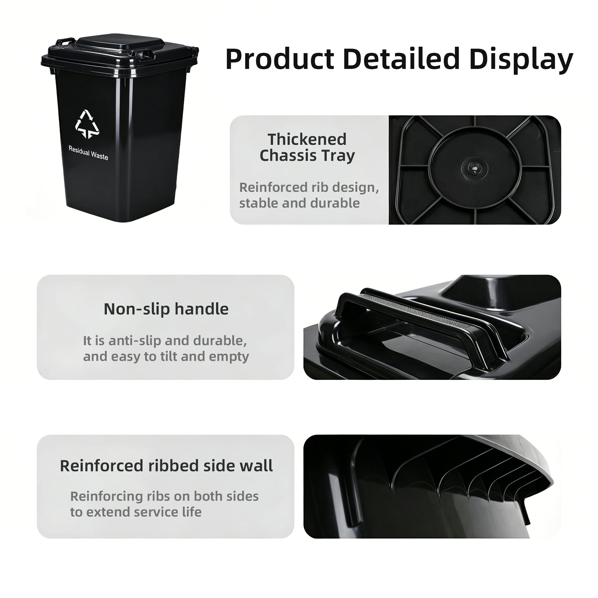 Square Plastic Trash Cans, 30L 50L with Lids Handles, for Home Office Indoor Outdoor, Bulk Supply