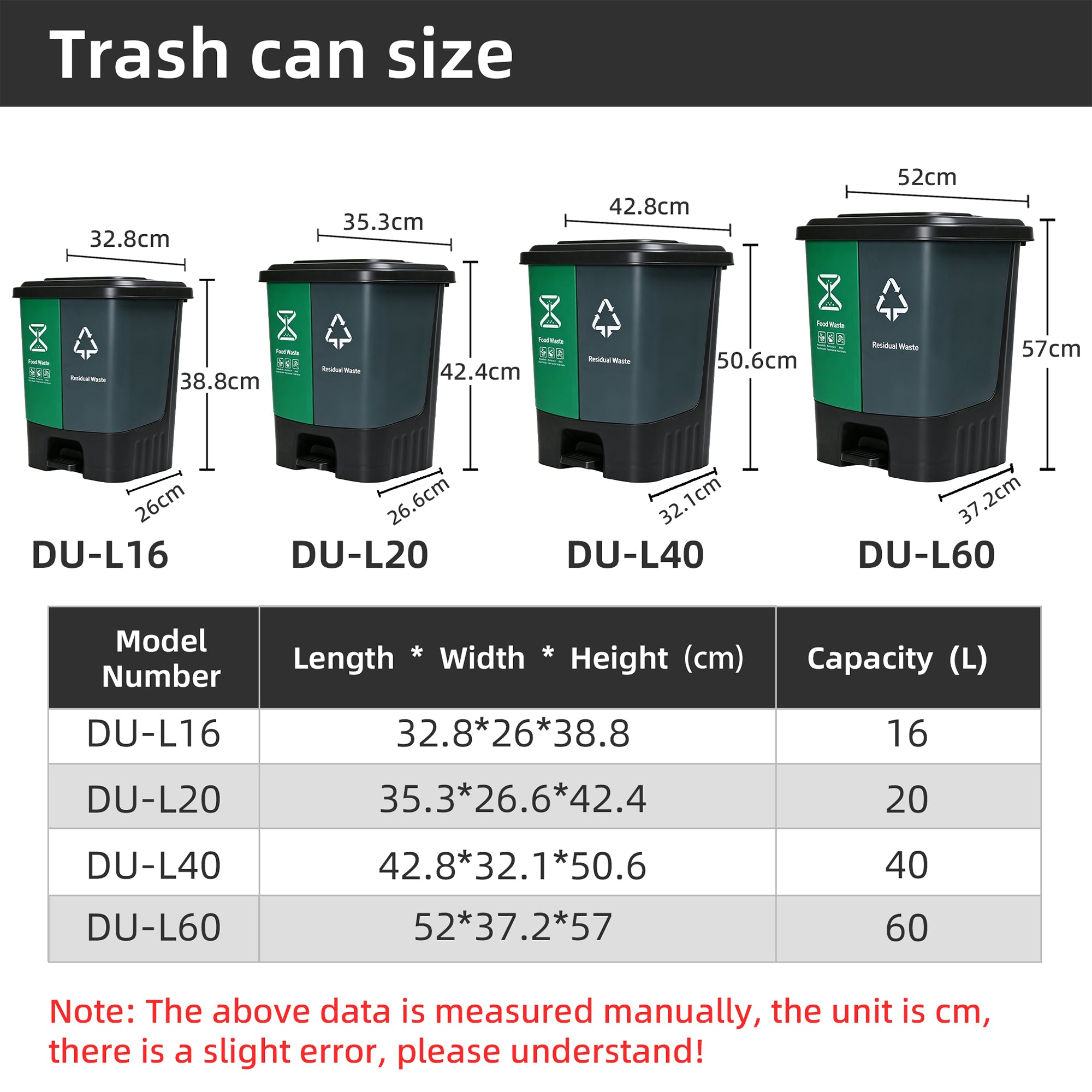Dual-pedal plastic trash can, available in blue and green, 16-60 liters household and office waste sorting container, bulk supply